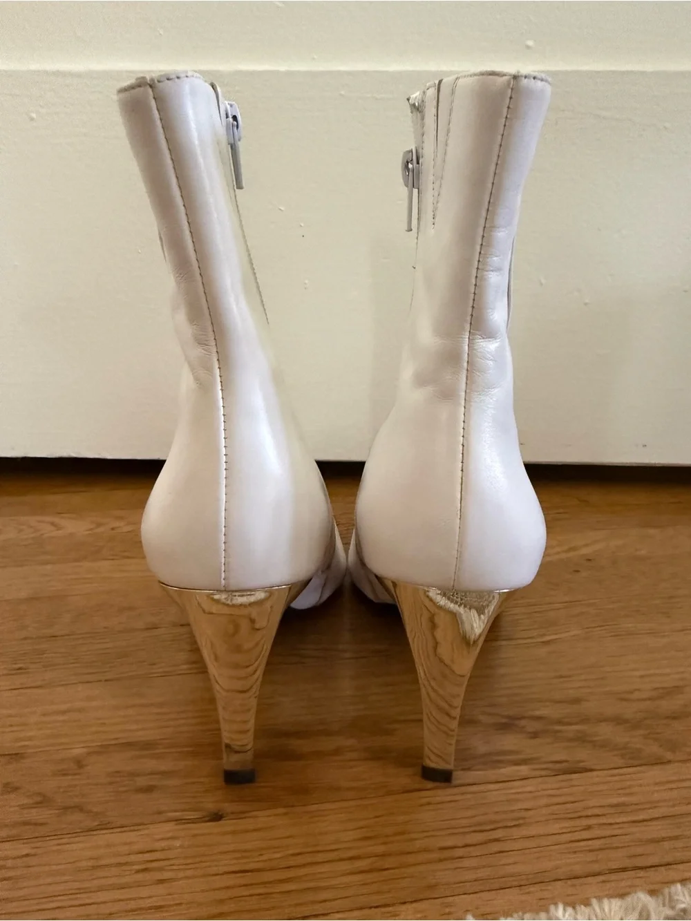 Jeffrey Campbell White Leather Pointed Ankle Boots with Metal Toe